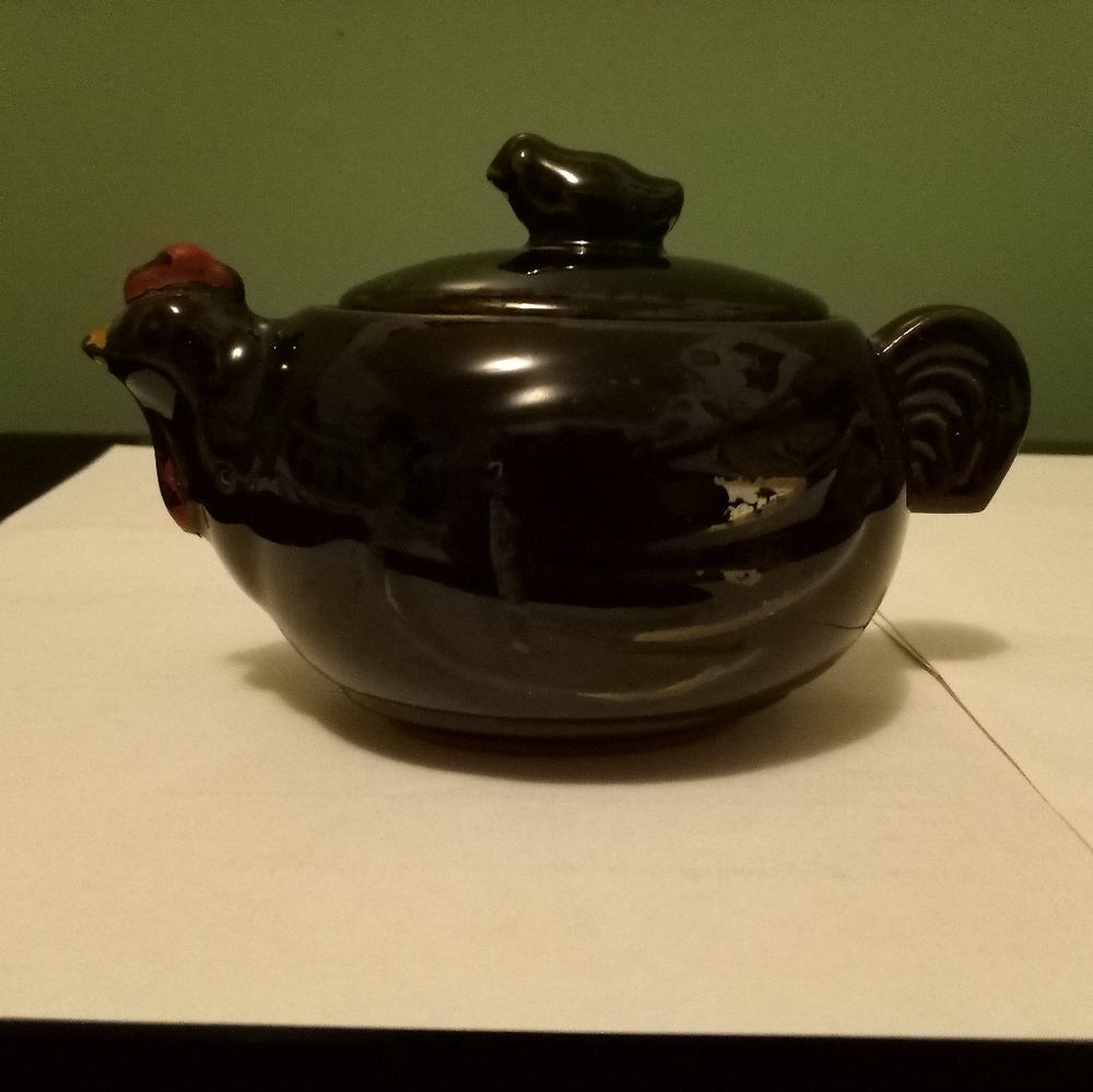 Vintage Redware Dark Brown Ceramic Chicken Hen Rooster Teapot with Lid